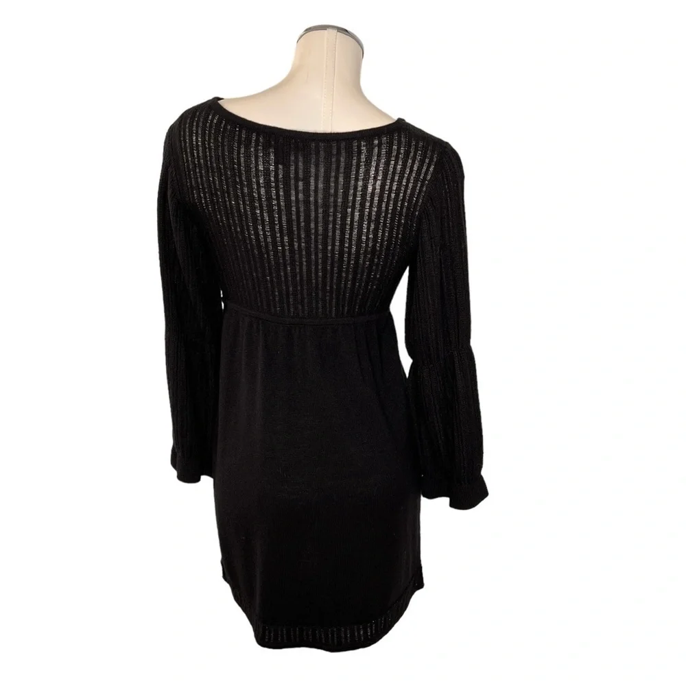 BEBE Black Knit Long Puff Sleeves Front Keyhole Dress LBD Size M